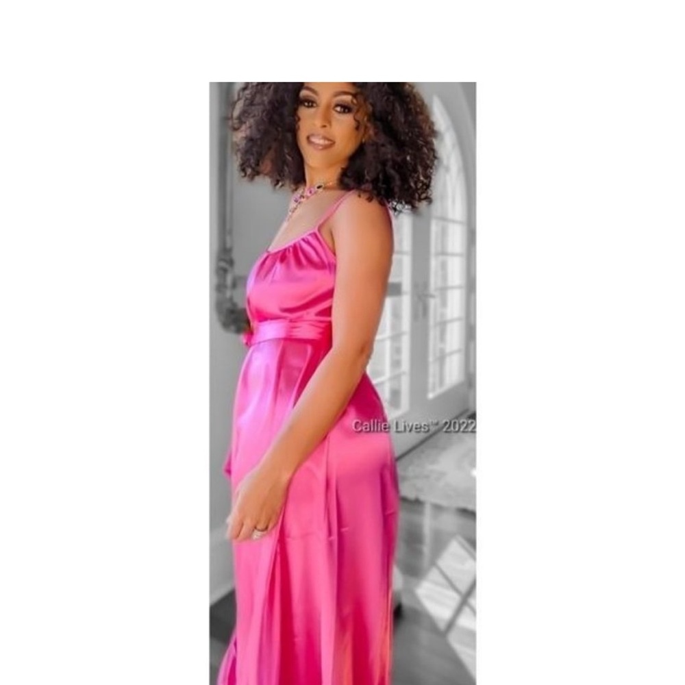 Callie Shining: Boho Chic Magenta Satin Loose Ruffle Hem Cami Strap Maxi Dress